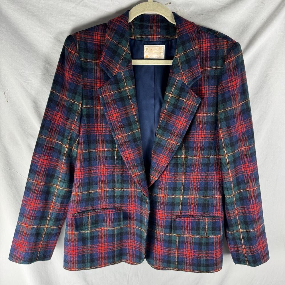 Vintage Pendleton Wool Plaid Blazer Blue Red Green Size 12 Womens Classic Coat